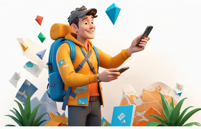 A Man with Backpack Finding Map Route for Traveling 3D Artwork Illustration